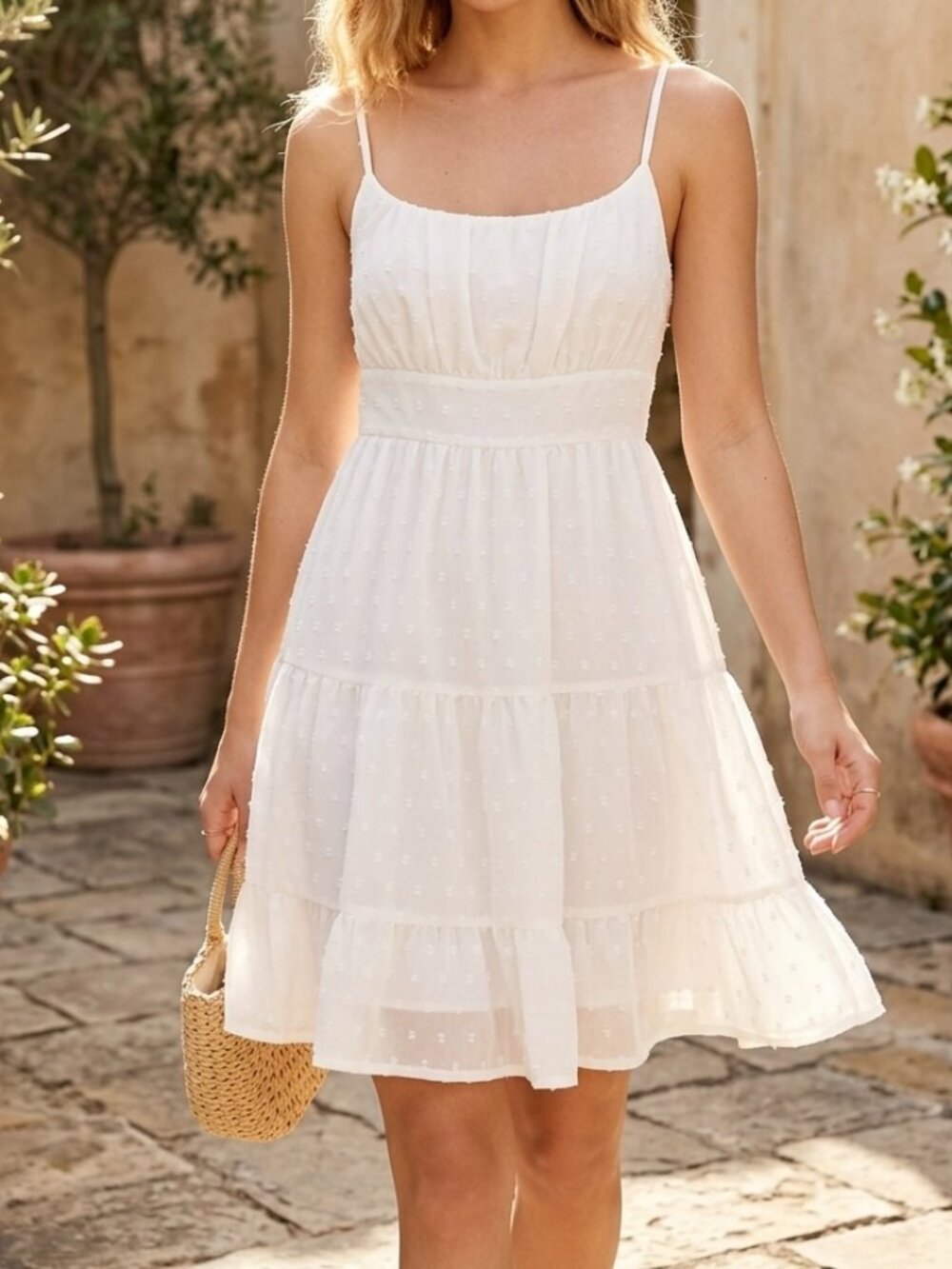 Boture White Babydoll Tiered Mini Dress Sz XS Swiss Dot Ruched Cottagecore Boho